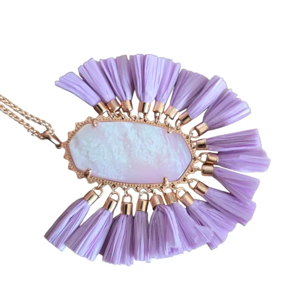 Kendra Scott Lavender BETSY Raffia Tassel Rose Gold Tone Chain Necklace NWOT